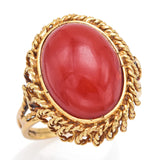 Vintage 14K Yellow Gold Red Coral Cabochon Oval Cocktail Ring