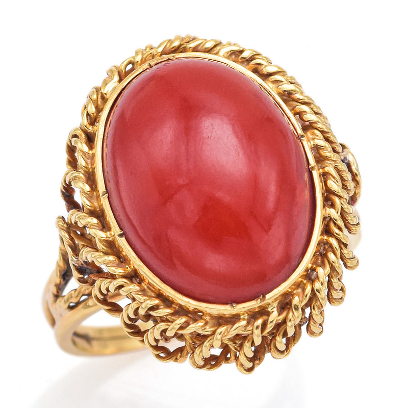 Vintage 14K Yellow Gold Red Coral Cabochon Oval Cocktail Ring