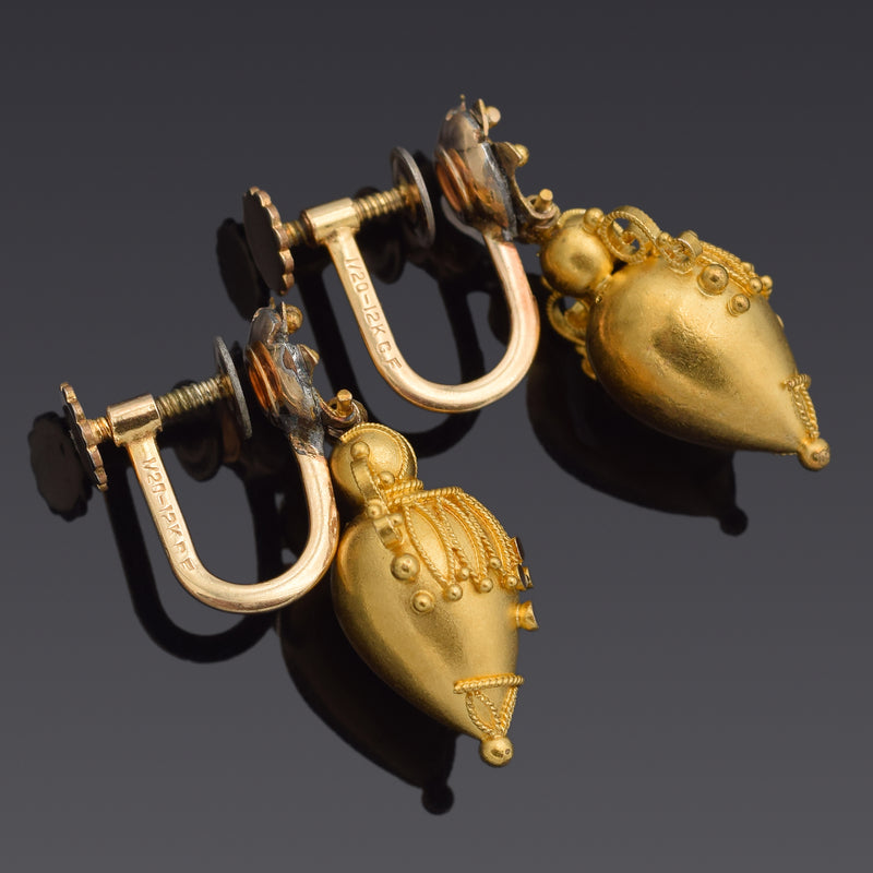 Antique Victorian Etruscan 14K Yellow Gold Screw-Back Dangle Earrings
