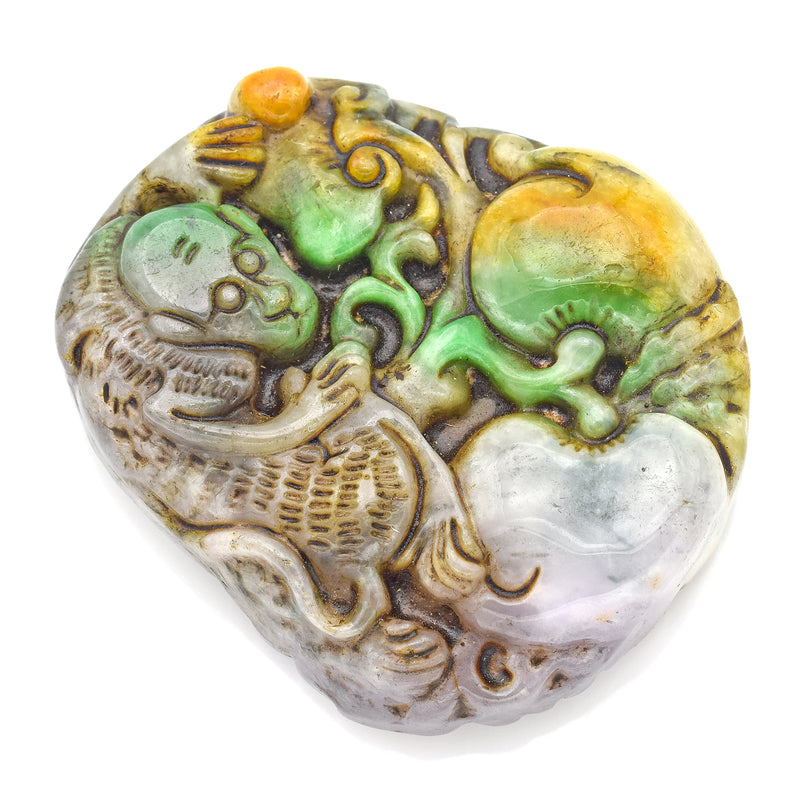 Vintage Lavender Orange & Green Jade Carved Monkey & Peaches Loose Stone Pendant