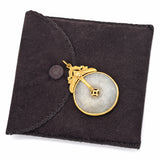 Vintage 24K Yellow Gold Pale Green Jade Large Round Disc Pendant + Pouch