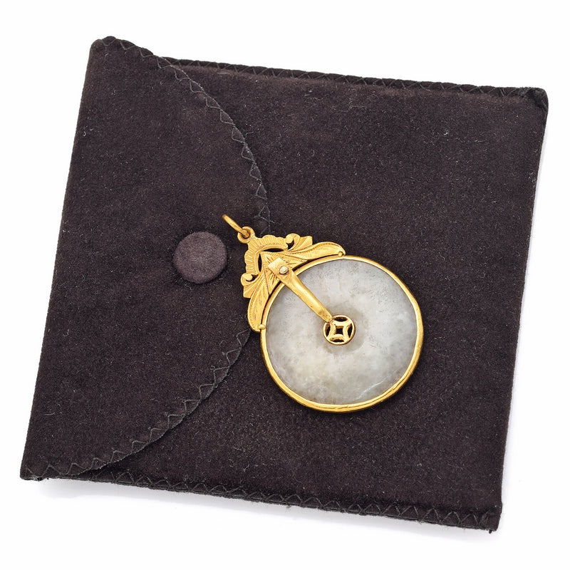 Vintage 24K Yellow Gold Pale Green Jade Large Round Disc Pendant + Pouch