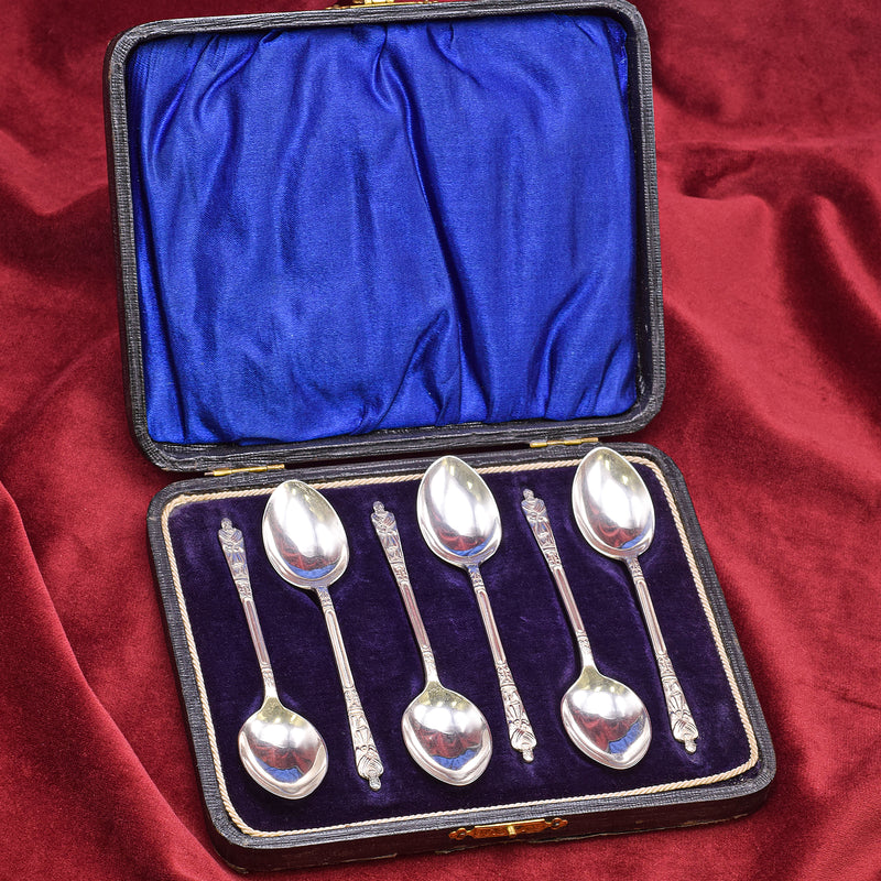 Antique 1911 Birmingham England Apostle Sterling Silver 6 Piece Spoon Set + Case