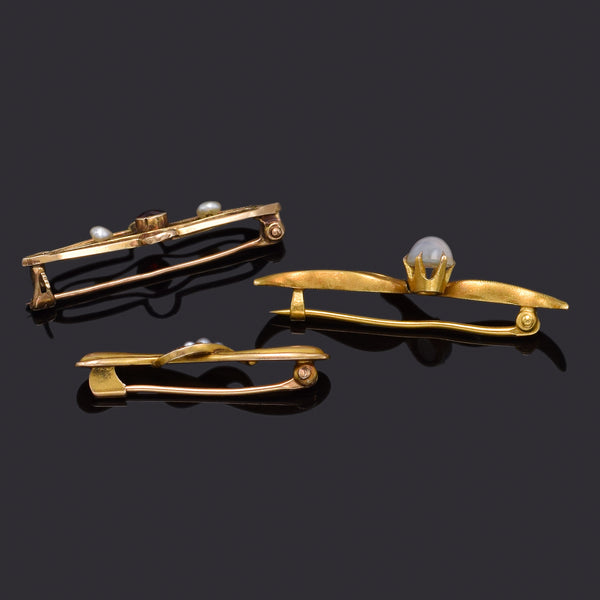 Antique 14K and 10K Gold Moonstone, Sea Pearl & Garnet Art Deco Bar Brooch Pins