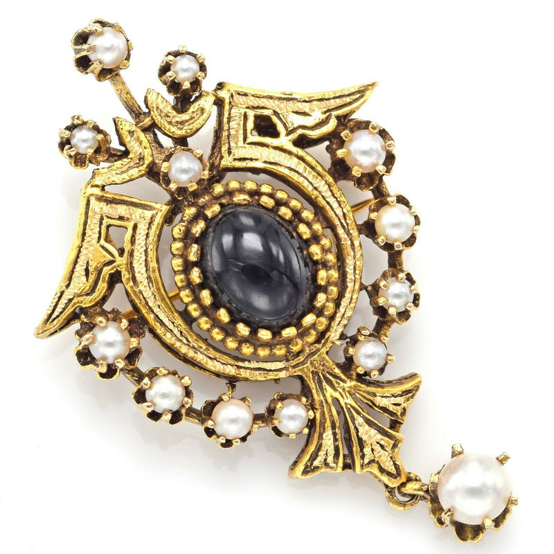 Antique Victorian 14K Gold Sea Pearl & Onyx Brooch Pin Pendant 11.6 Grams