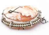 Antique 14K White Gold Cameo Pearl Diamond Large Oval Brooch Pin Pendant