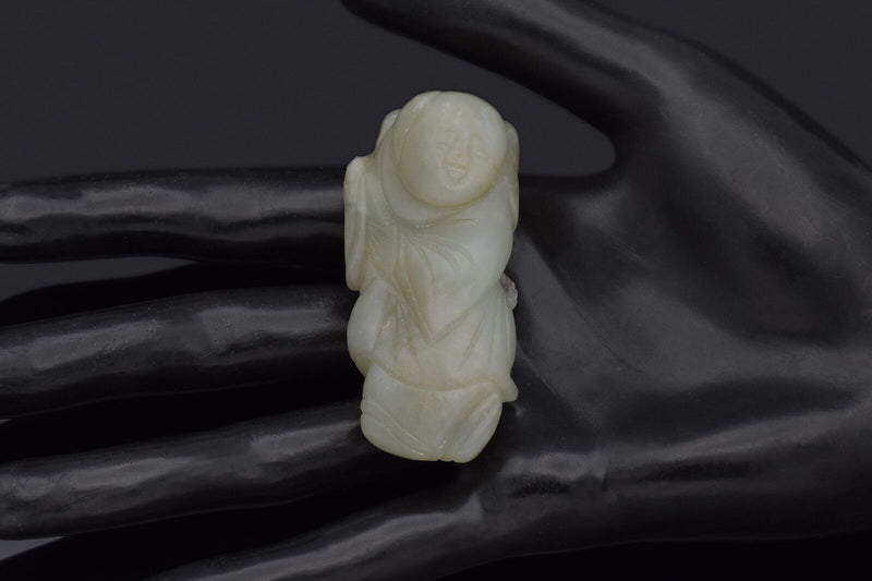 Antique Pale Green Mutton Fat Jade Carved Deity Figurine 40.1 Grams