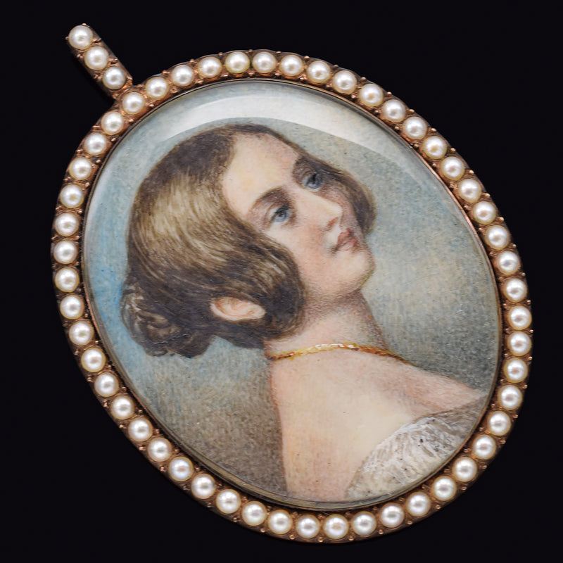 Antique Victorian 14K Gold Sea Pearl Hand Painted Large Portrait Pendant 30.6G