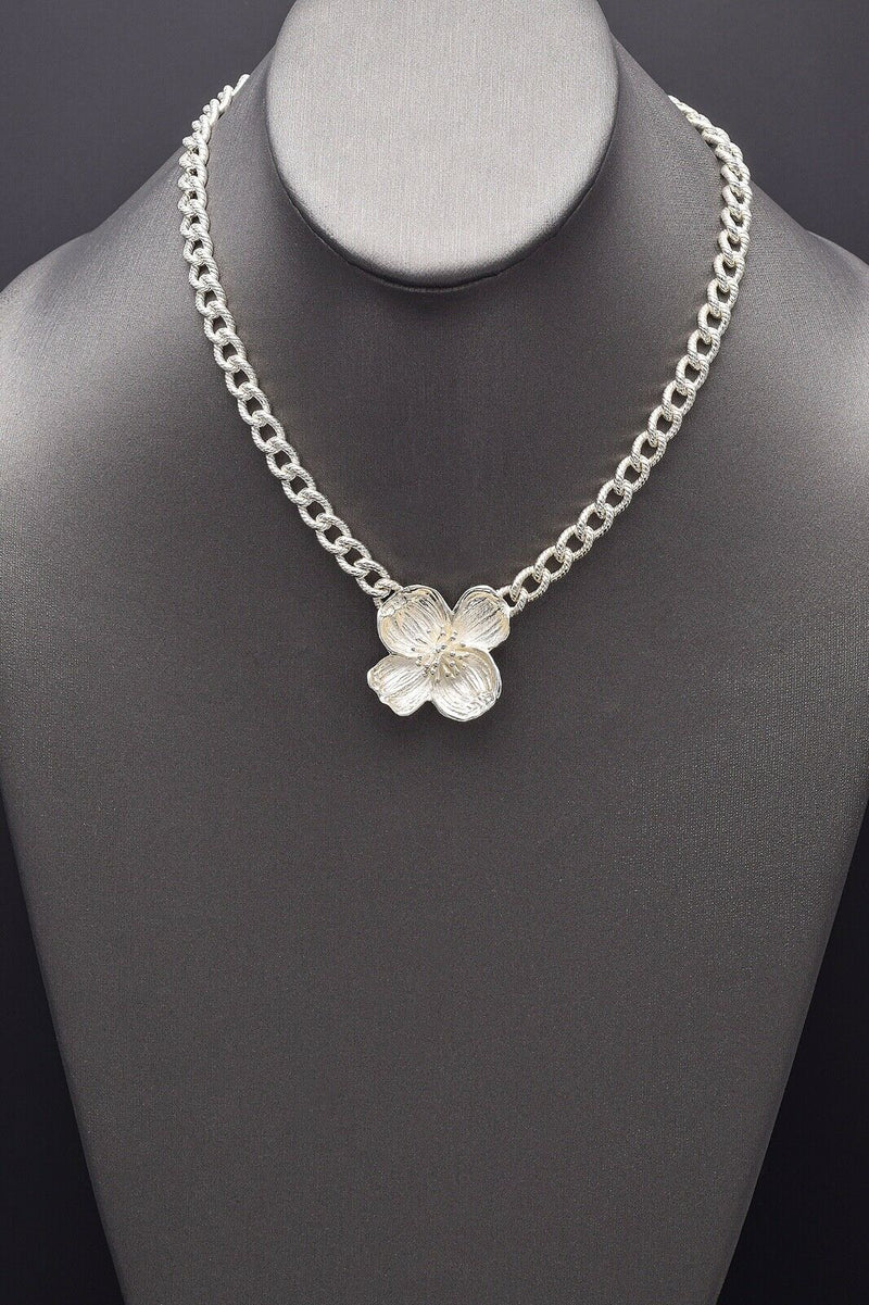 Custom Tiffany & Co. Sterling Silver Dogwood Flower Pendant Necklace + Pouch