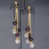 Vintage 14K Yellow Gold Garnet & Rose Quartz Beaded Multi-Strand Dangle Earrings