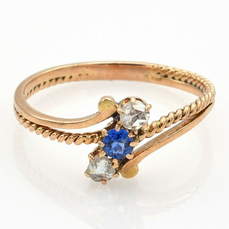 Antique 14K Yellow Gold Sapphire & Mine Cut Diamond Ring