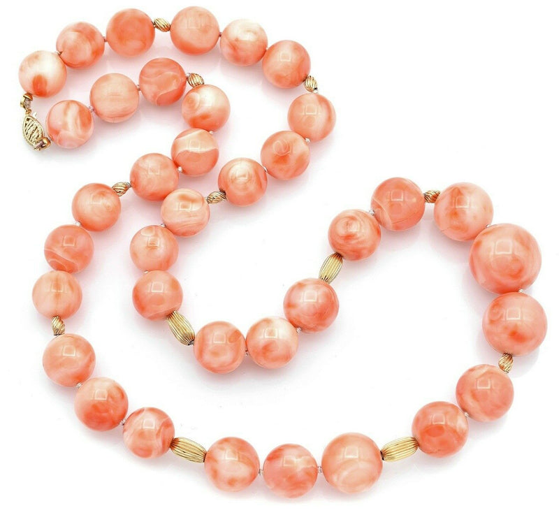 Vintage 14K Yellow Gold Angel Skin Coral Beaded Strand Necklace + Box