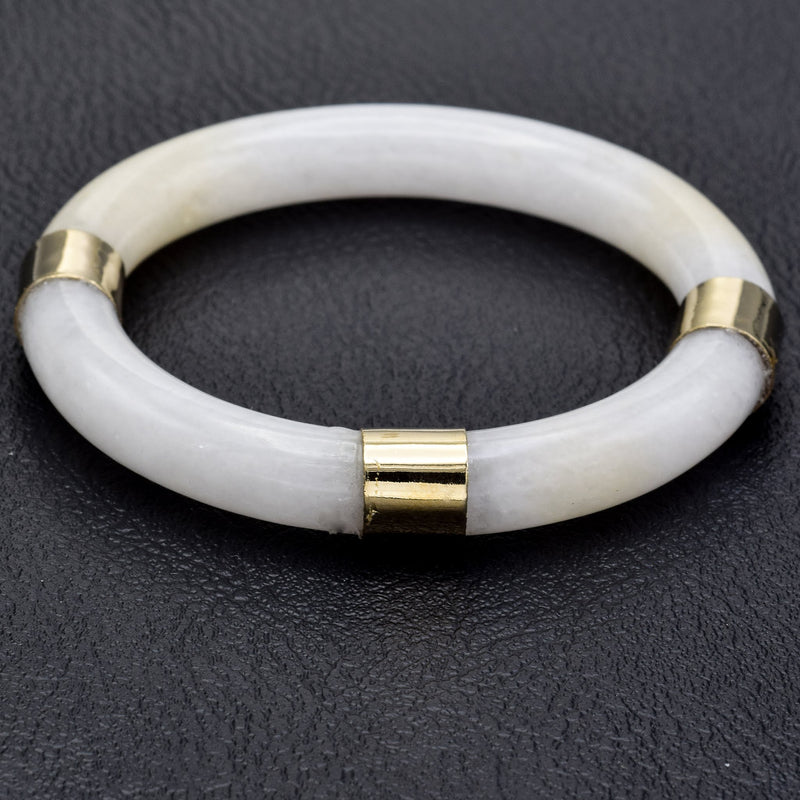 Vintage 14K Yellow Gold Translucent White Jade Bangle Bracelet