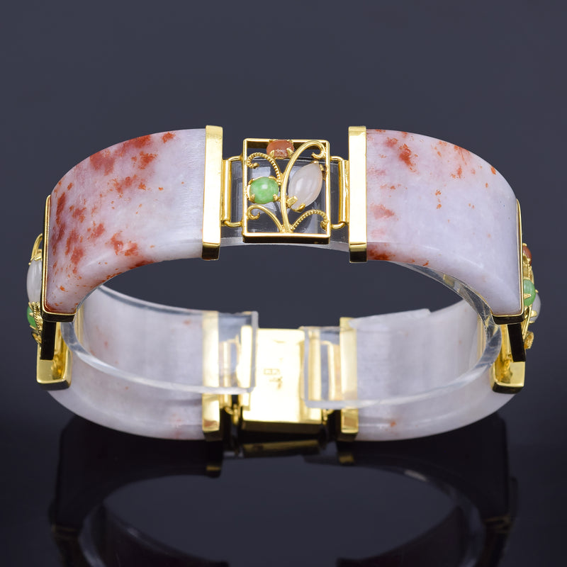 Vintage 14K Yellow Gold Lavender & Red Jade Wide Link Bracelet