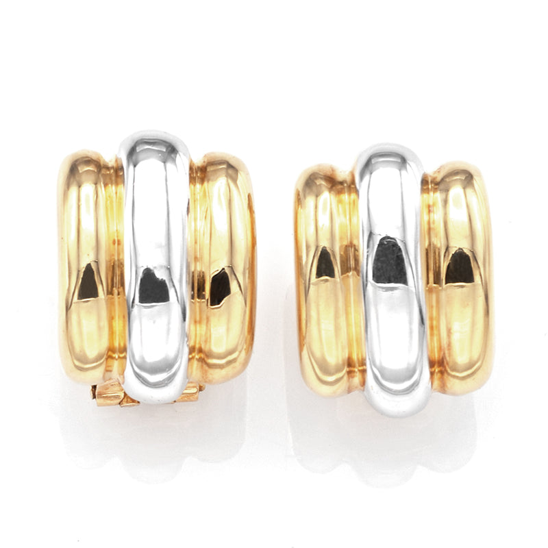 Vintage Italian 18K Yellow & White Gold Ribbed Omega Back Drop Earrings