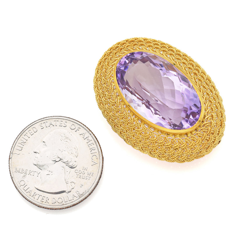 Vintage 18K Yellow Gold 28.66 Ct Amethyst Brooch Pin 38.5 x 28.3 mm