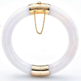 Vintage 14K Yellow Gold Lavender & White Jade Hinged Bangle Bracelet
