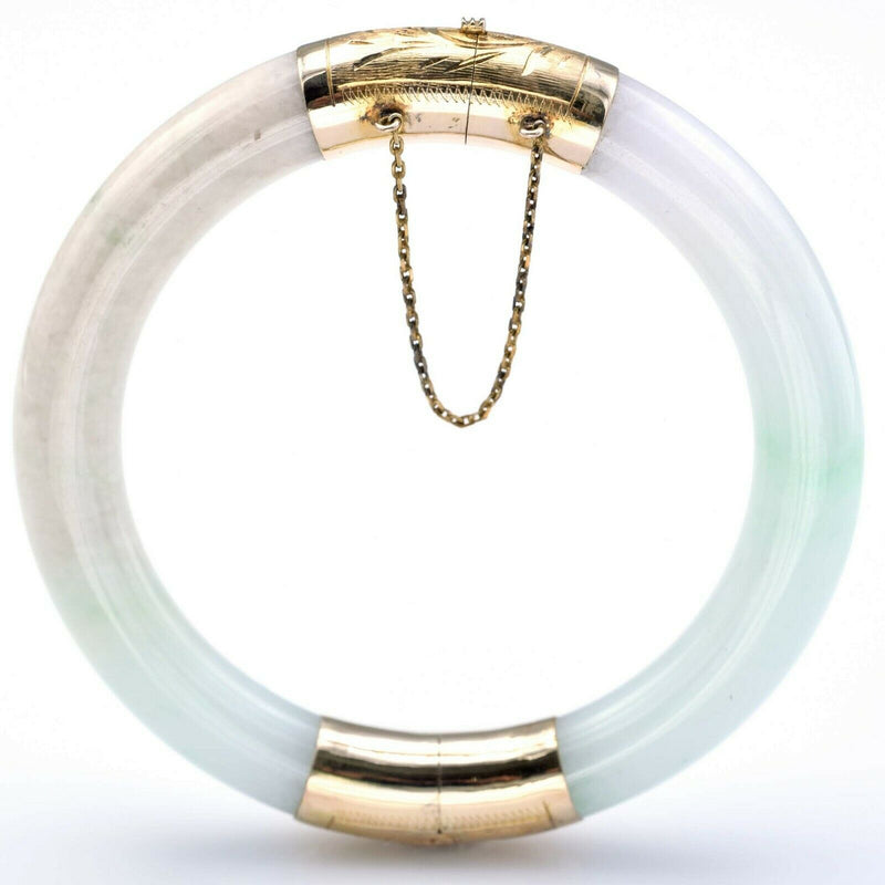 Vintage 14K Yellow Gold Green Lavender Jade Hinged Bangle Bracelet
