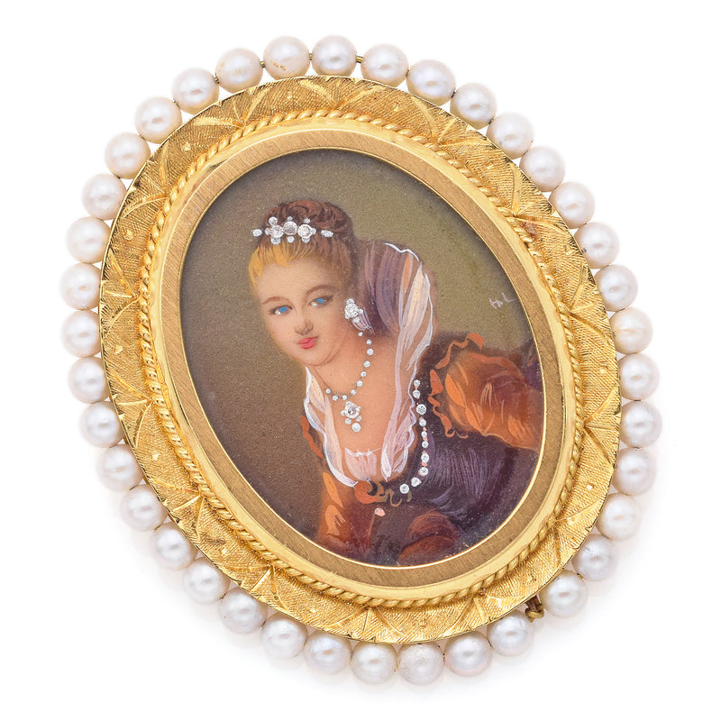 Antique 18K Gold Italy Sea Pearl & Diamond Hand Painted Portrait Brooch Pendant