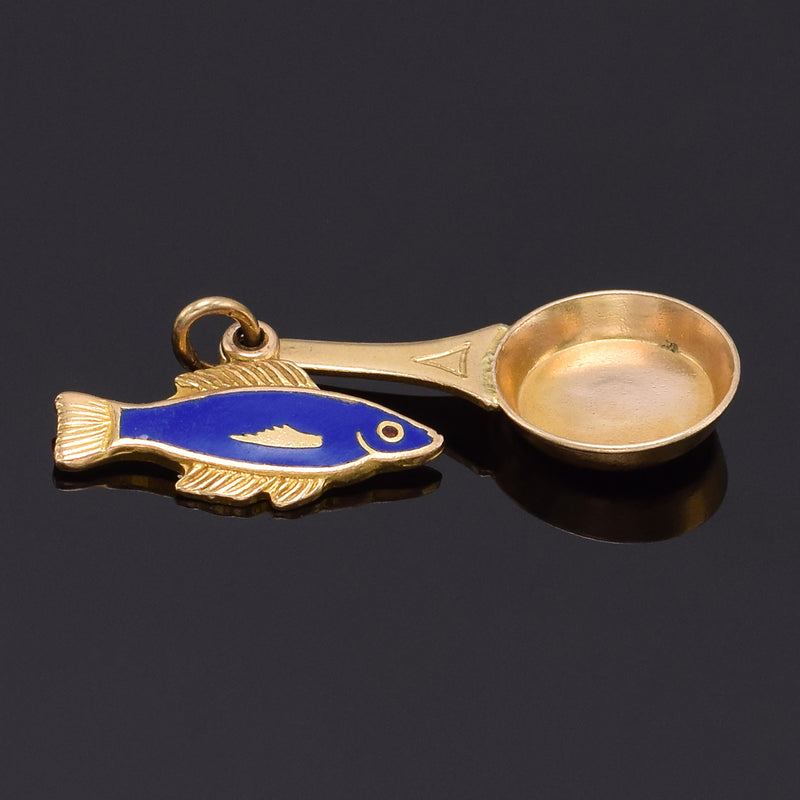 Vintage 14K Yellow Gold Fish Frying Pan Enamel Charm Pendant