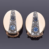 Antique 14K Gold Blue Topaz, Blue Paste & Rose Cut Diamond Omega-Back Earrings