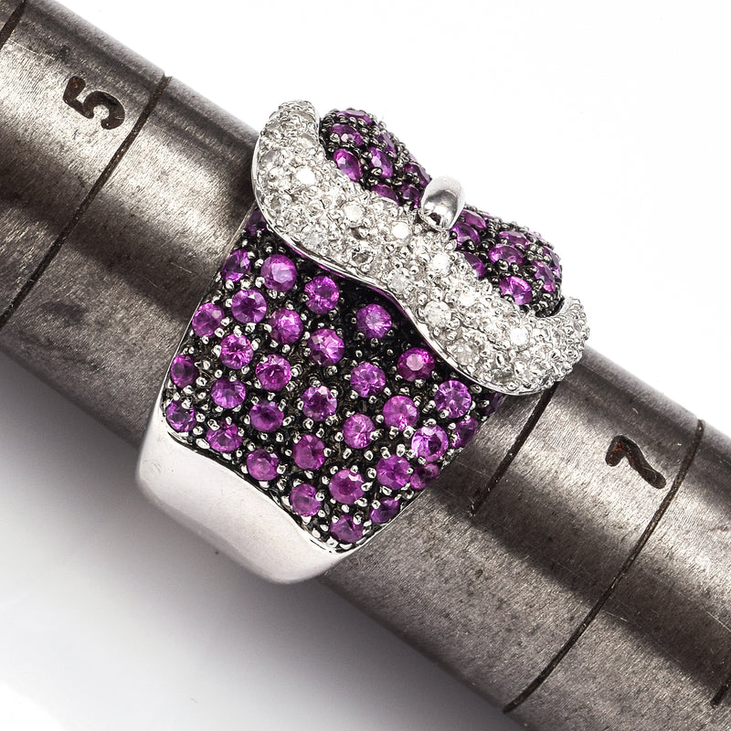 Vintage 18K White Gold Ruby & 0.50TCW Diamond Buckle Cluster Cocktail Ring