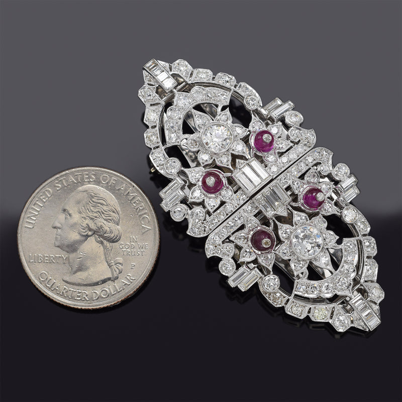 Antique Platinum Ruby & 4.58 TCW Diamond Art Deco Convertible Brooch Pin