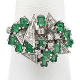 Vintage 8K White Gold Emerald & Diamond Geometric Cluster Band Ring