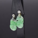 Antique 14K Gold Carved Green Jade & 0.50 TCW Old Mine Cut Diamond Earrings +Box