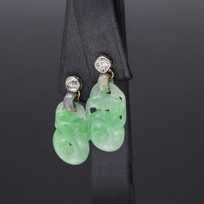 Antique 14K Gold Carved Green Jade & 0.50 TCW Old Mine Cut Diamond Earrings +Box