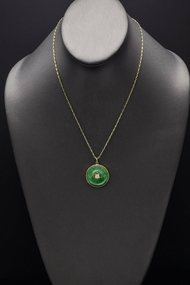 Vintage 18K Gold Green Jade & Diamond Round Disc Pendant &14K Necklace 9.5 Grams