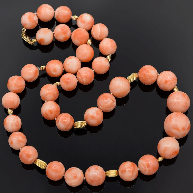 Vintage 14K Yellow Gold Angel Skin Coral Beaded Strand Necklace + Box