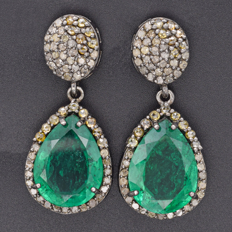 Vintage Black Rhodium Sterling Silver 13.02TCW Emerald &1.99TCW Diamond Earrings