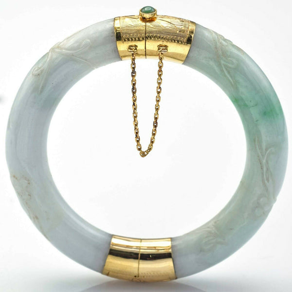 Vintage 14K Yellow Gold Carved Green Jade Hinged Bangle Bracelet