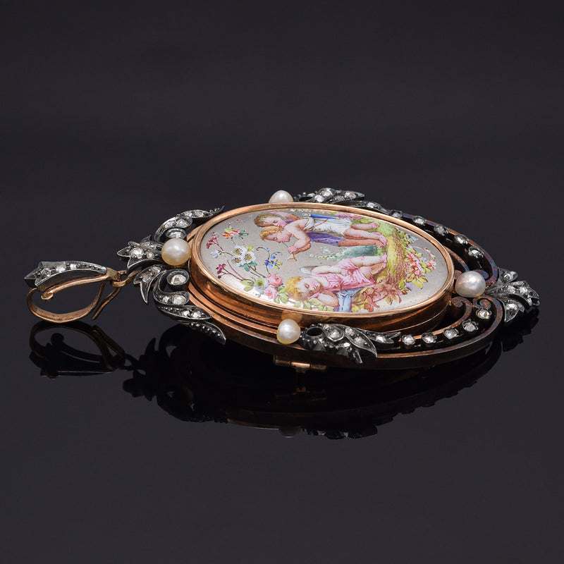 Antique Victorian 14K Gold & SS Diamond Pearl Enamel Cupid Locket Brooch Pendant