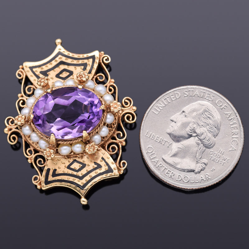 Antique Victorian 14K Gold Amethyst & Sea Pearl Enamel Brooch Pin Pendant