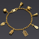 Vintage 24K Gold Teapot, Bell, Cage, Pipa, Abacus, Pagoda, Iron Charms Bracelet
