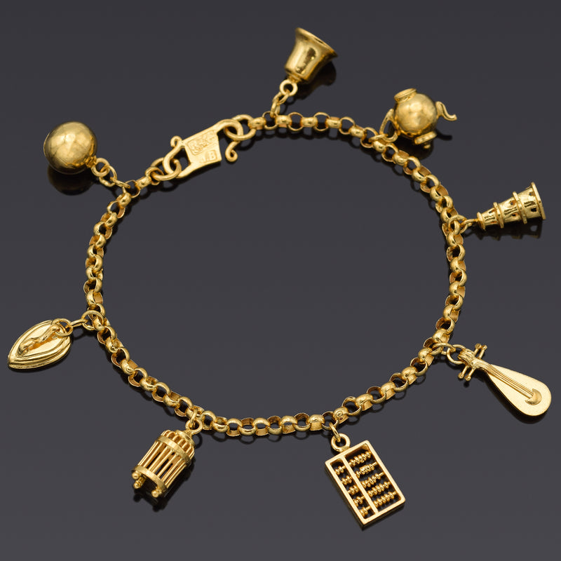Vintage 24K Gold Teapot, Bell, Cage, Pipa, Abacus, Pagoda, Iron Charms Bracelet