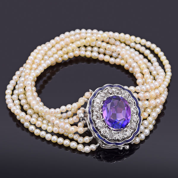 Antique 14K Gold Purple Sapphire, 0.96 TCW Diamond & Sea Pearl Multi-Strand Bracelet