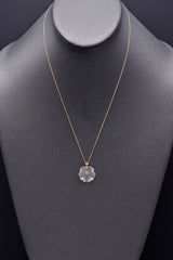 Vintage 14K Yellow Gold Frosted Quartz & Emerald Floral Pendant Necklace 19"