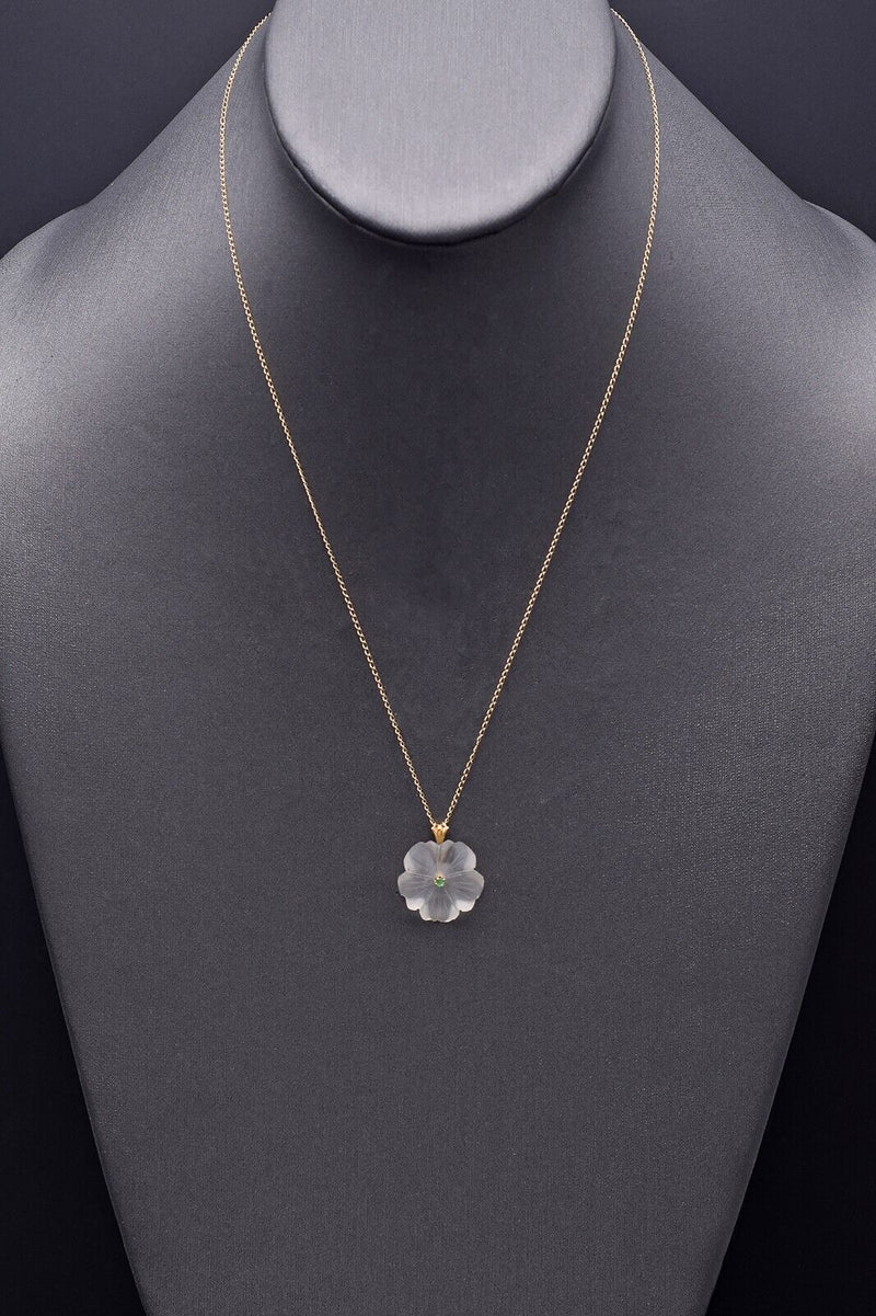 Vintage 14K Yellow Gold Frosted Quartz & Emerald Floral Pendant Necklace 19"
