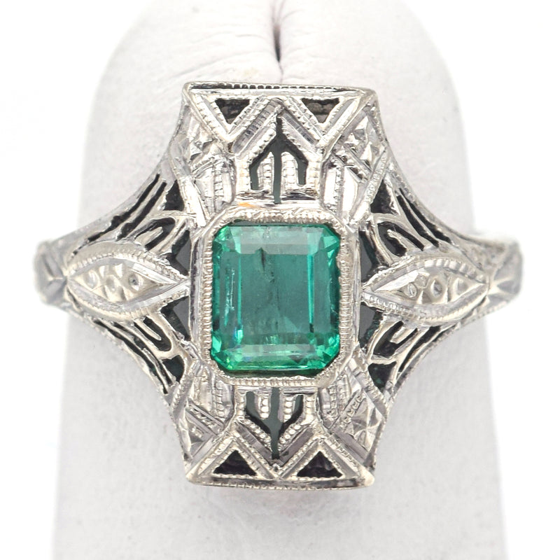 Antique 14K White Gold Emerald Art Deco Cocktail Ring Size 4