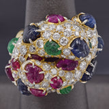 Vintage 18K Gold Sapphire Ruby Emerald & 3.77 TCW Diamond Cluster Cocktail Ring