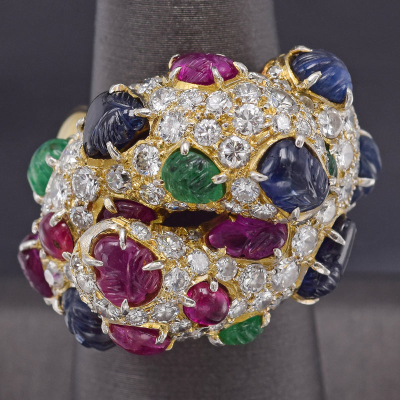 Vintage 18K Gold Sapphire Ruby Emerald & 3.77 TCW Diamond Cluster Cocktail Ring