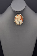 Antique 14K White Gold Cameo Diamond Oval Large Brooch Pin Pendant 14.9 Grams