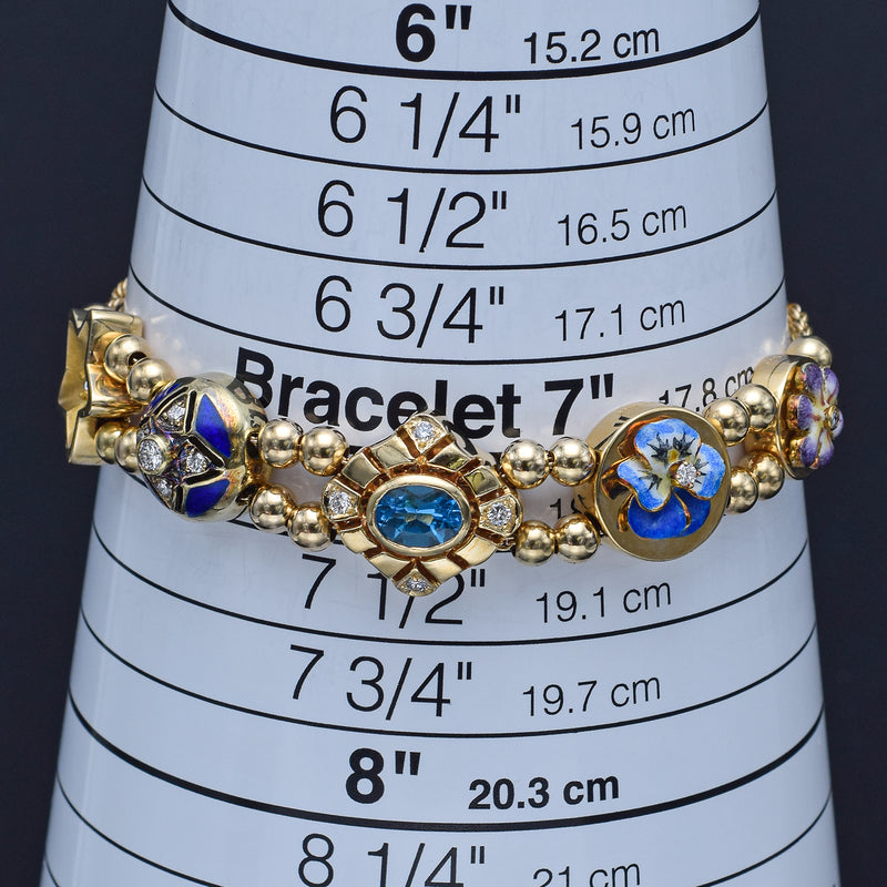 Antique Museum Company 14K Gold Blue Topaz & Diamond Slide Charm Bracelet + Box
