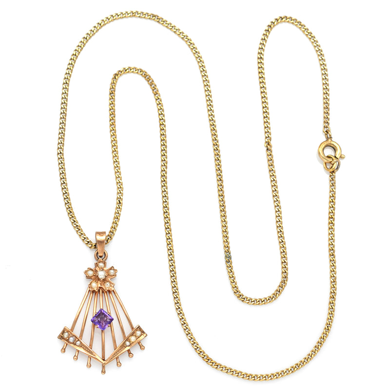 Antique 10K Yellow Gold Amethyst & Sea Pearl Pendant Necklace