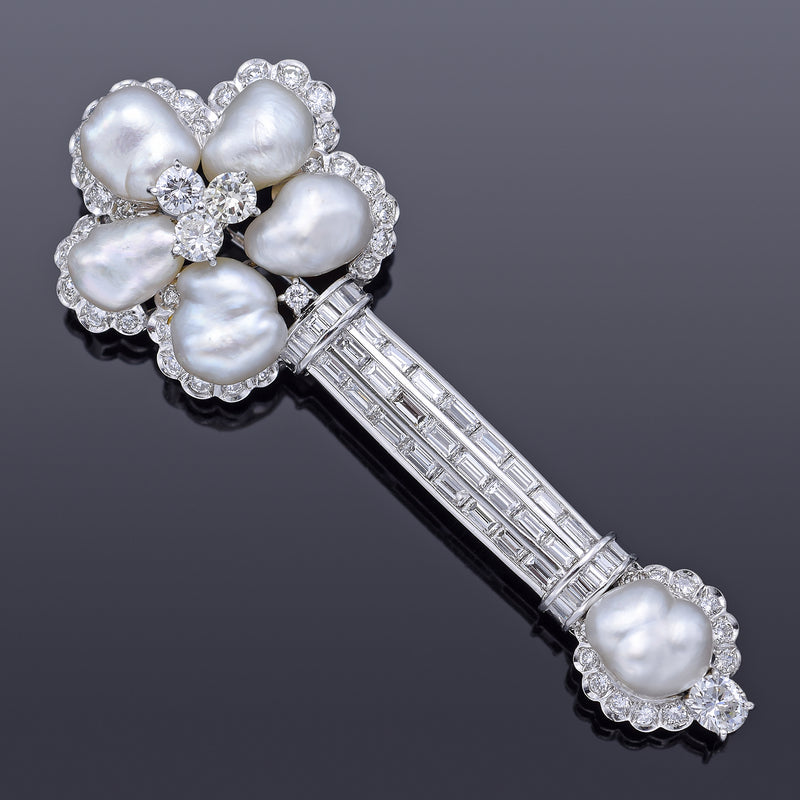 Vintage 18K White Gold Baroque Pearl & 3.89 TCW Diamond Key Brooch Pin 15.4G