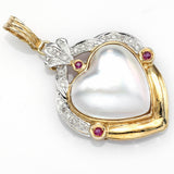 Vintage 14K Yellow Gold Mabe Pearl, Diamond & Ruby Large Heart Pendant