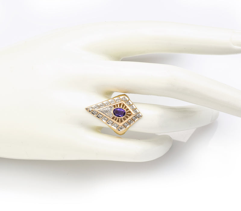 Erte 14K Yellow Gold Amethyst & 0.35 TCW Diamond Art Deco Cocktail Ring